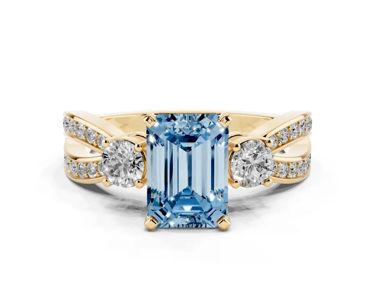 Fancy Blue Three-Stone Emerald Cut Cut Diamond Twist Band with Prong Setting Yellow gold
