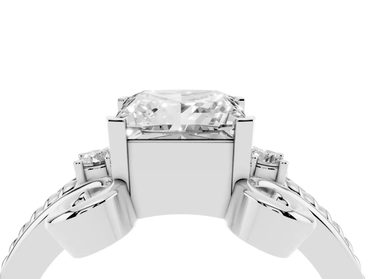 Princess Cut Solitaire Twisted Band Scroll Prong Ring Silver