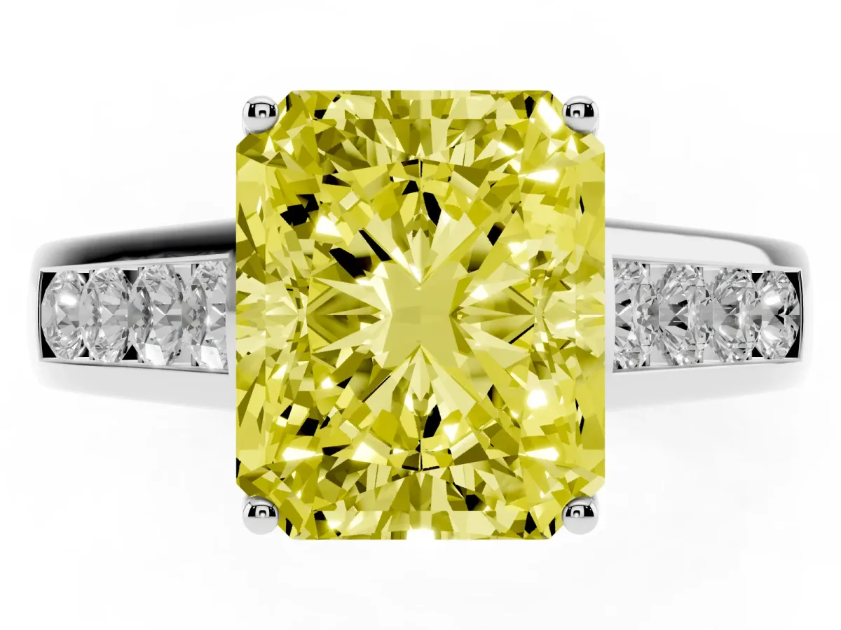 Fancy Yellow Radiant Cut Brilliant Channel-Set Solitaire Ring with Four-Prong Setting Platinum