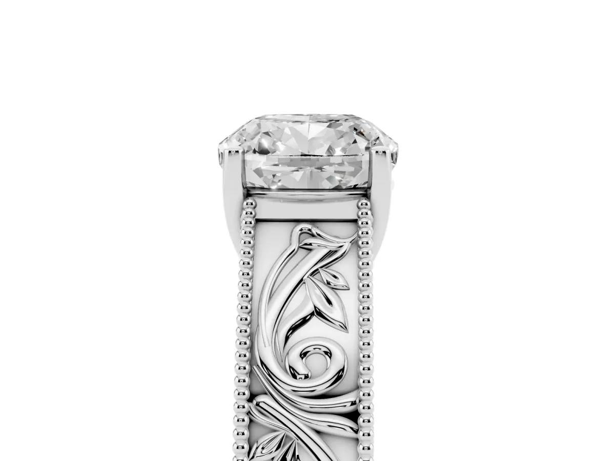 Cushion Cut Diamond Solitaire Ring with Engraved Band and Four-Prong Setting Silver