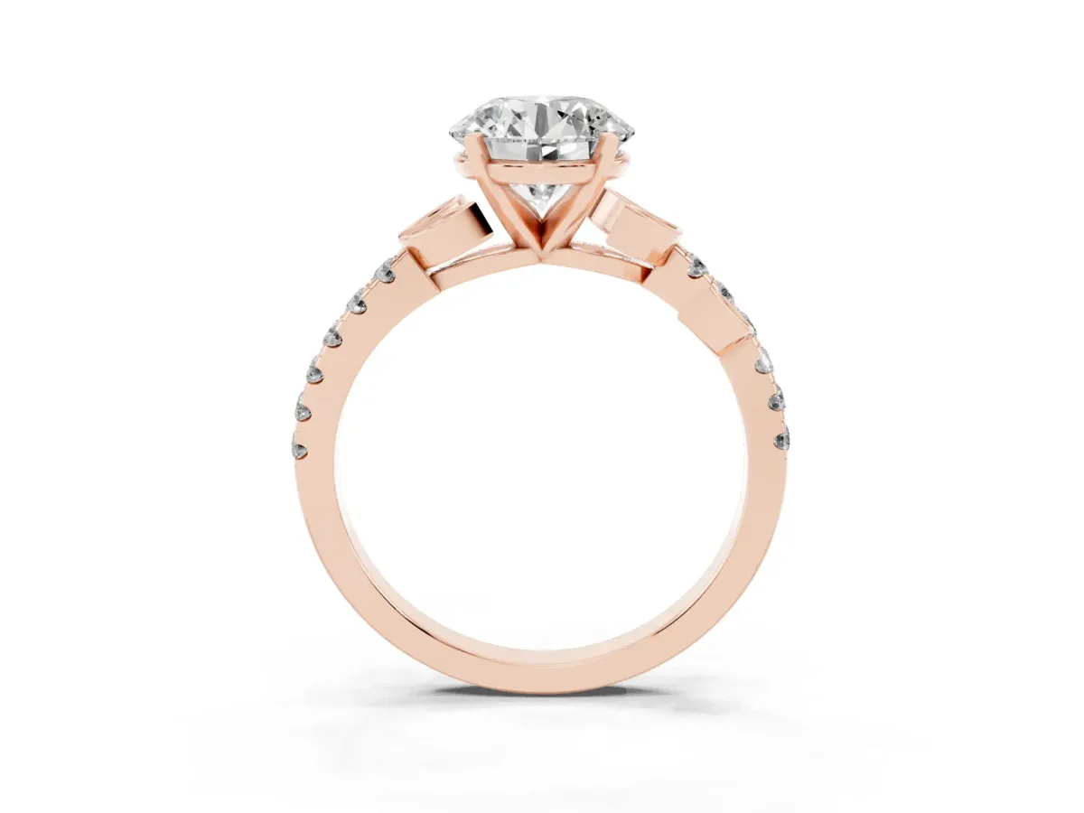 Round Cut Solitaire Leaf-Inspired Diamond Ring with Pavé Band and Four-Prong Setting Rose gold
