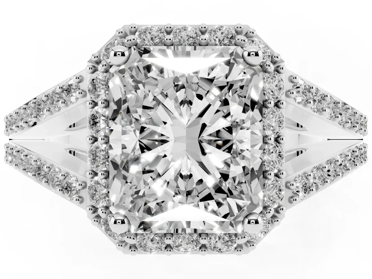 Radiant Cut Halo Split Shank Pave Diamond Ring with Four-Prong Setting Platinum