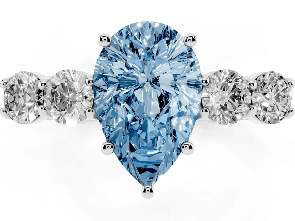 Fancy Blue Pear Cut Cut Diamond Five-Stone Prong Set White Gold Ring Silver