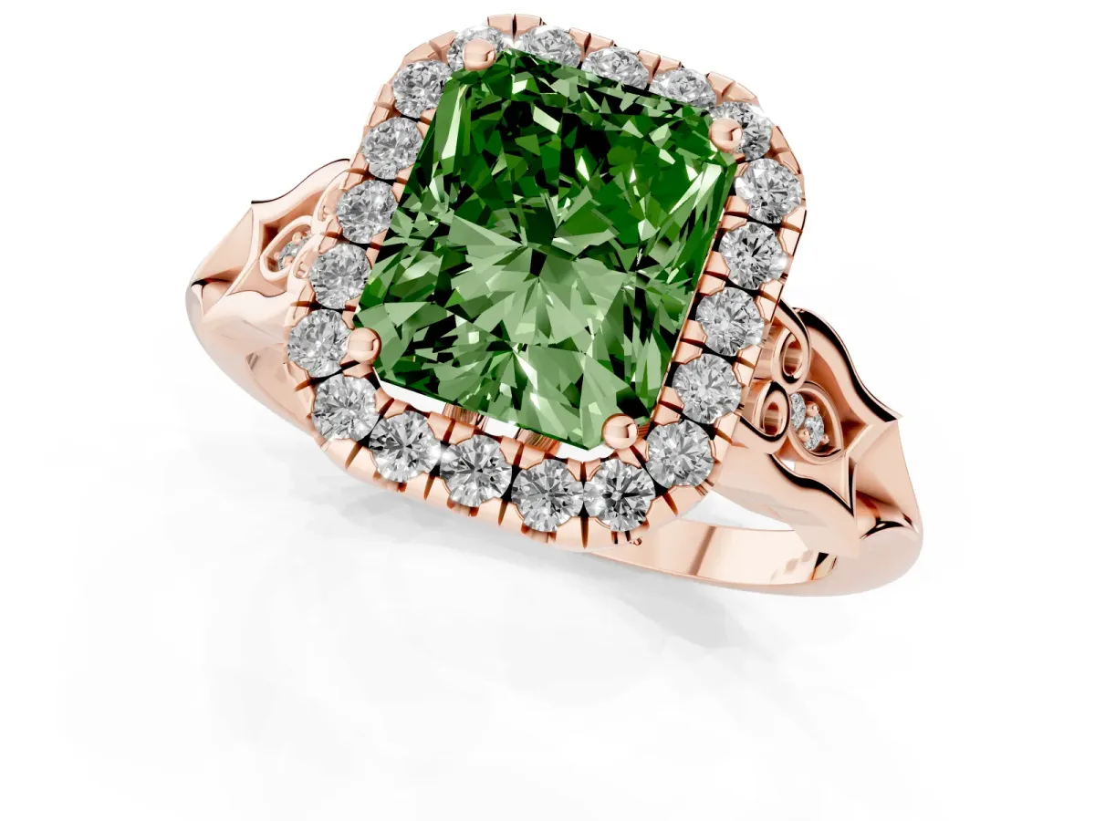 Fancy Green Radiant Cut Halo Diamond Engagement Ring with Filigree Band and Four-Prong Setting Rose gold