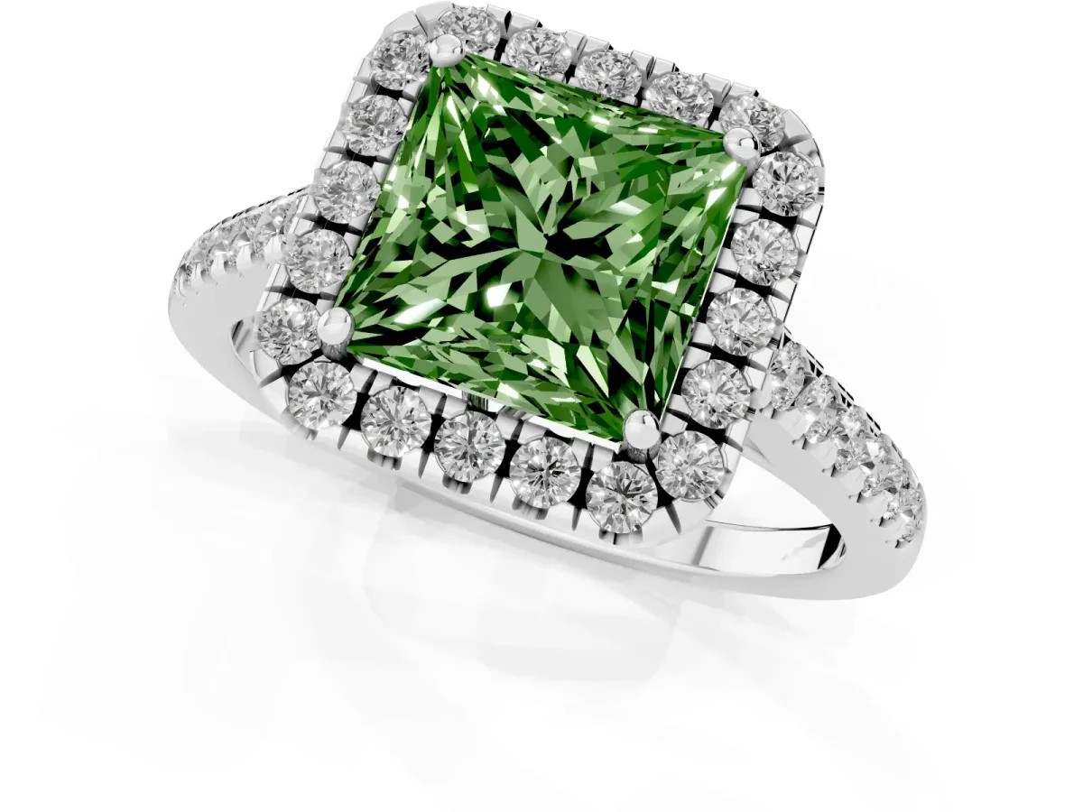 Fancy Green Princess Cut Halo Pavé Diamond Engagement Ring with Four-Prong Setting Silver