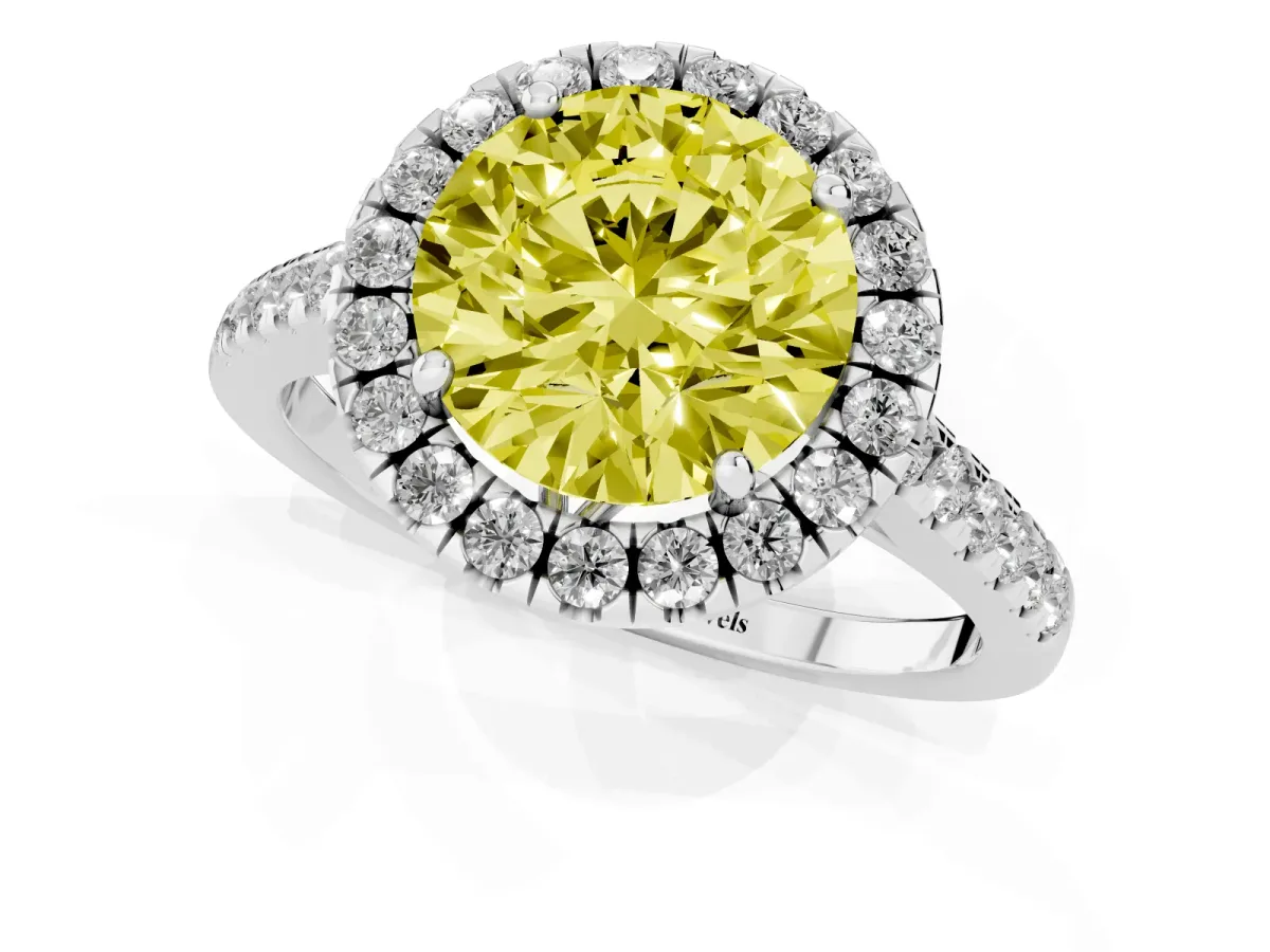Fancy Yellow Round Cut Halo Pavé Diamond Engagement Ring with Four-Prong Setting Silver
