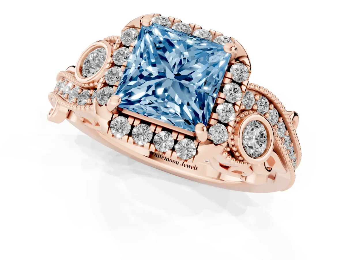 Fancy Blue Princess Cut Diamond Halo Ring with Milgrain Pavé Band and Four-Prong Setting Rose gold