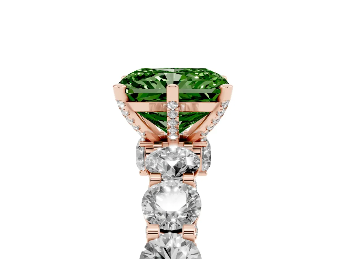 Fancy Green Radiant Cut Diamond Side Stone Engagement Ring with Four-Prong Setting Rose gold