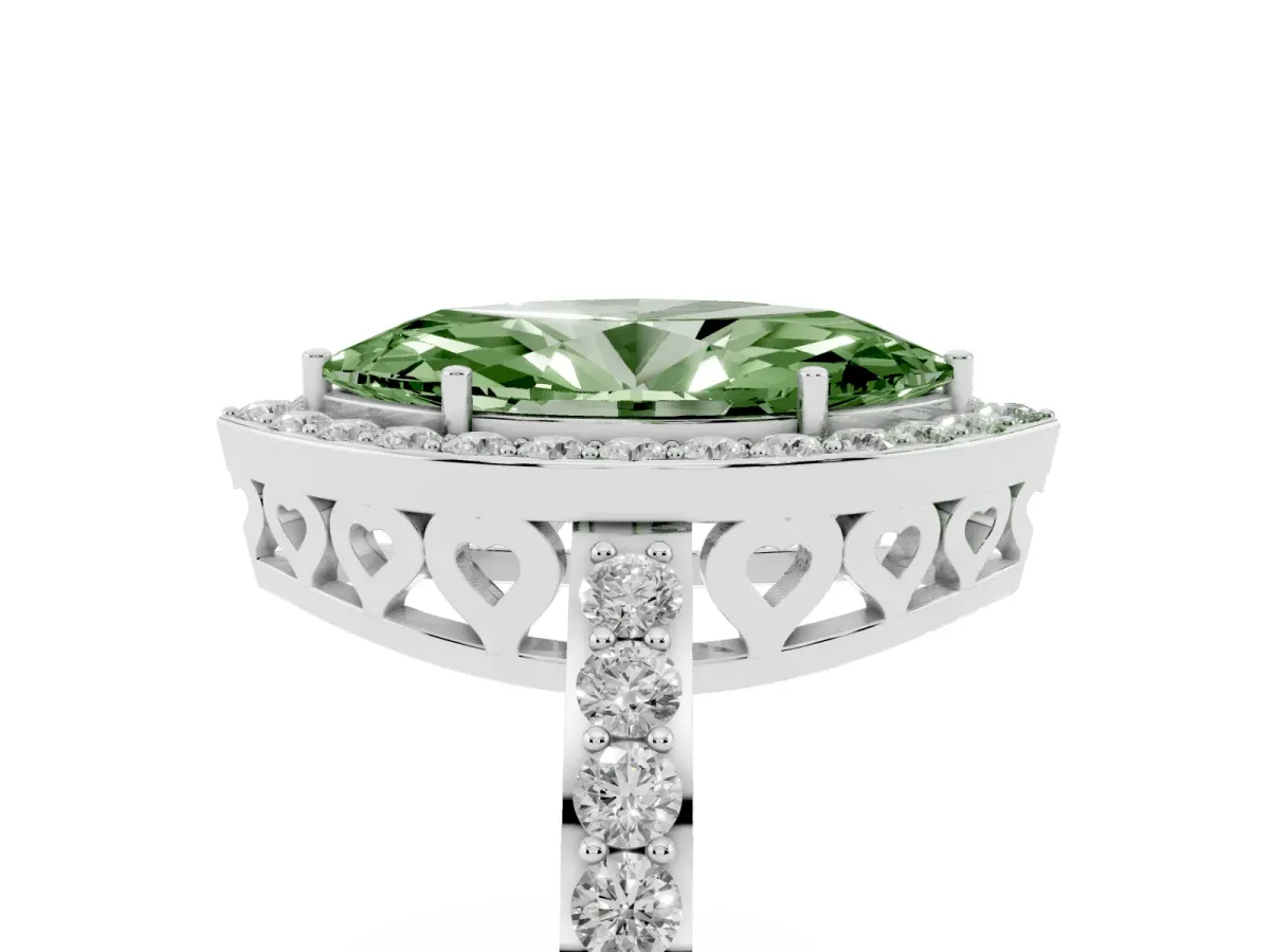 Fancy Green Marquise Cut Halo Diamond Pavé Band Ring with Prong Setting Silver