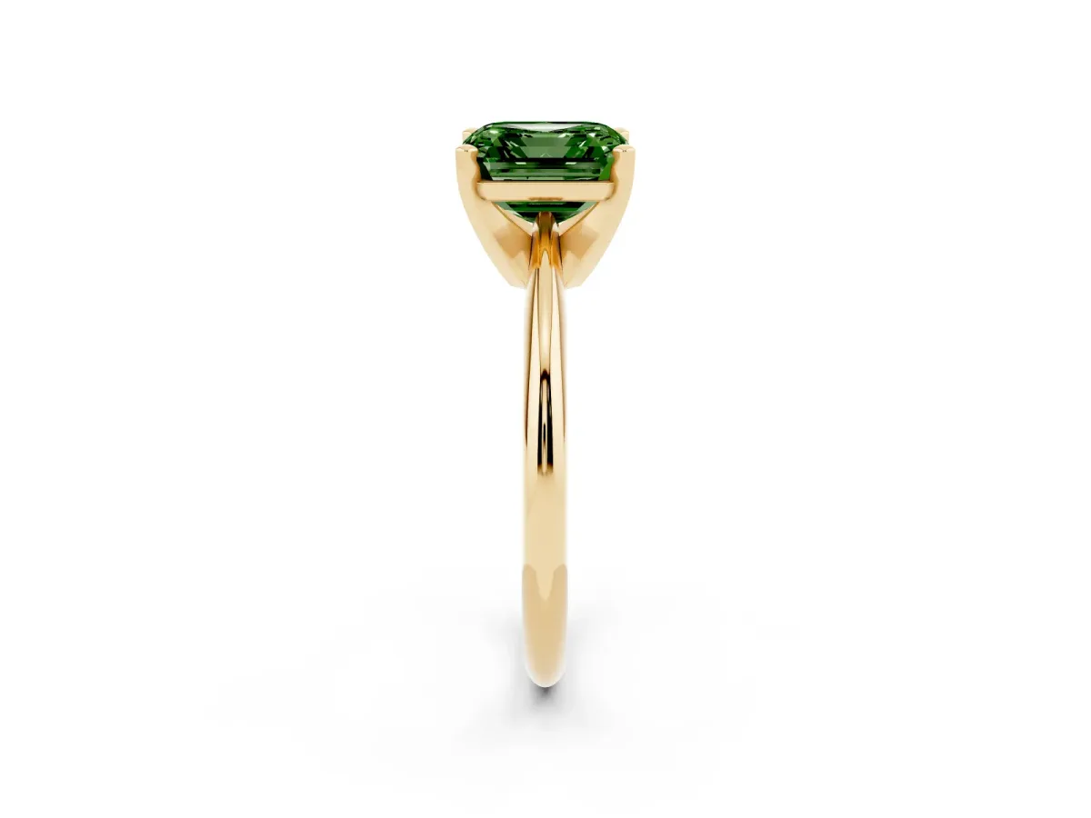 Fancy Green Asscher Cut Cut Solitaire Ring with Four-Prong Setting on a Classic Band Yellow gold