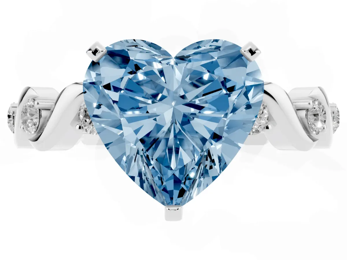 Fancy Blue Heart Cut Diamond Solitaire Twisted Band with Round Accents and Prong Setting Platinum
