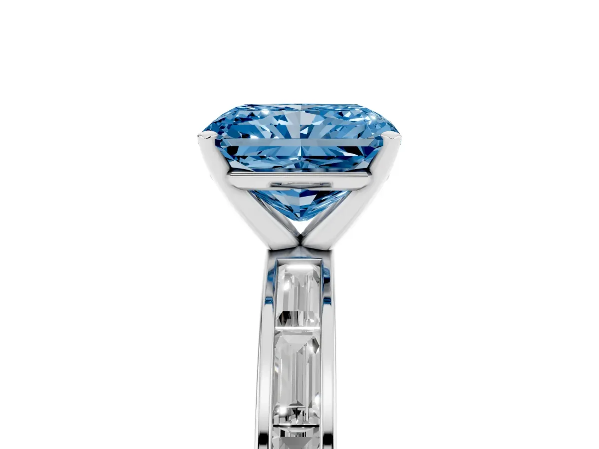 Fancy Blue Radiant Cut Solitaire Diamond Ring with Channel-Set Baguette Band and Four-Prong Setting Silver