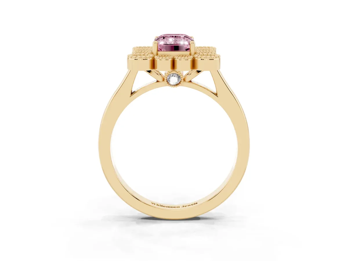 Fancy Pink Emerald Cut Halo Diamond Cluster Engagement Ring with Milgrain Bezel Setting and Solitaire Band Yellow gold