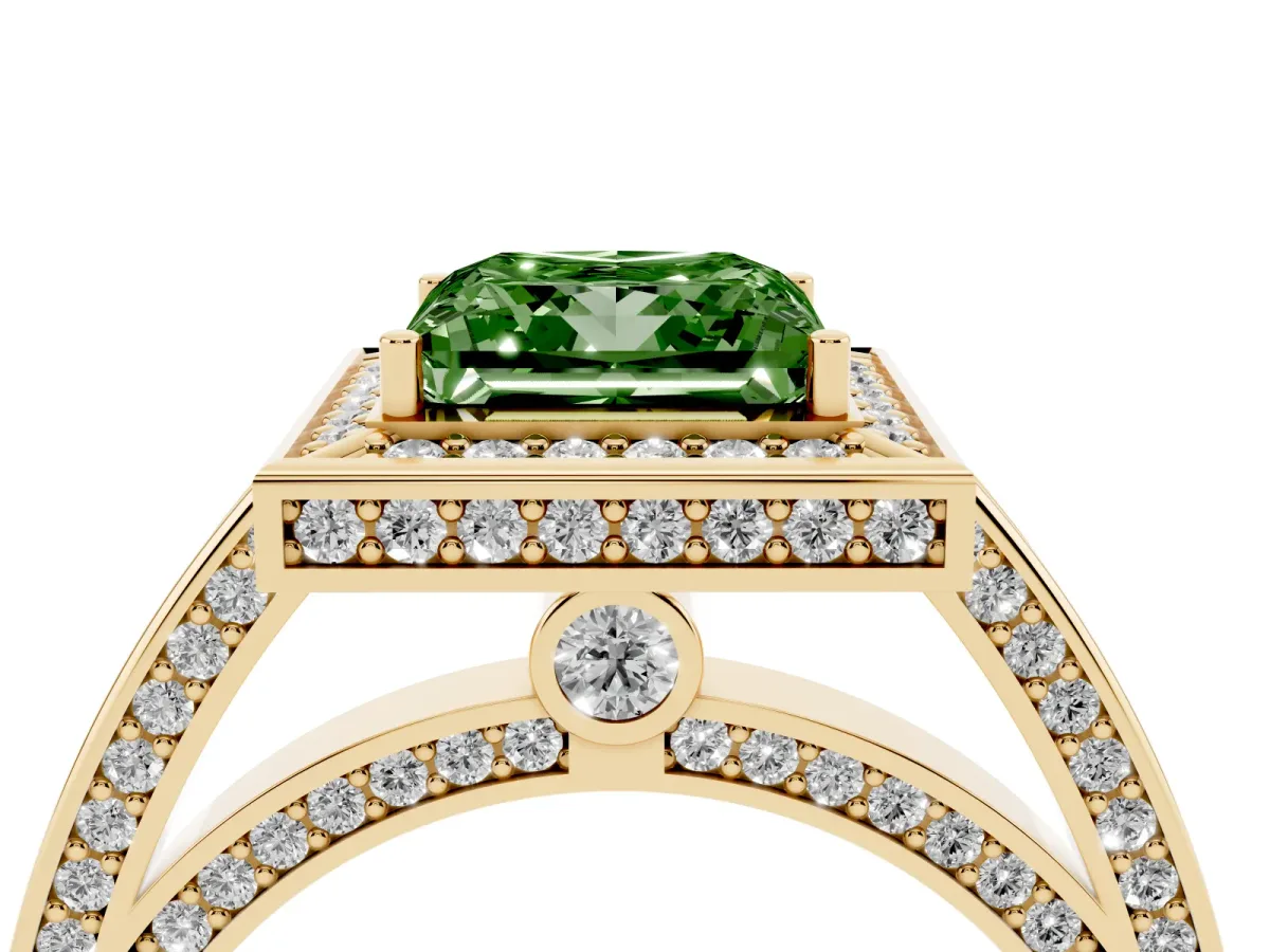 Fancy Green Princess Cut Cut Halo Pave Split Shank Prong Setting Ring Yellow gold