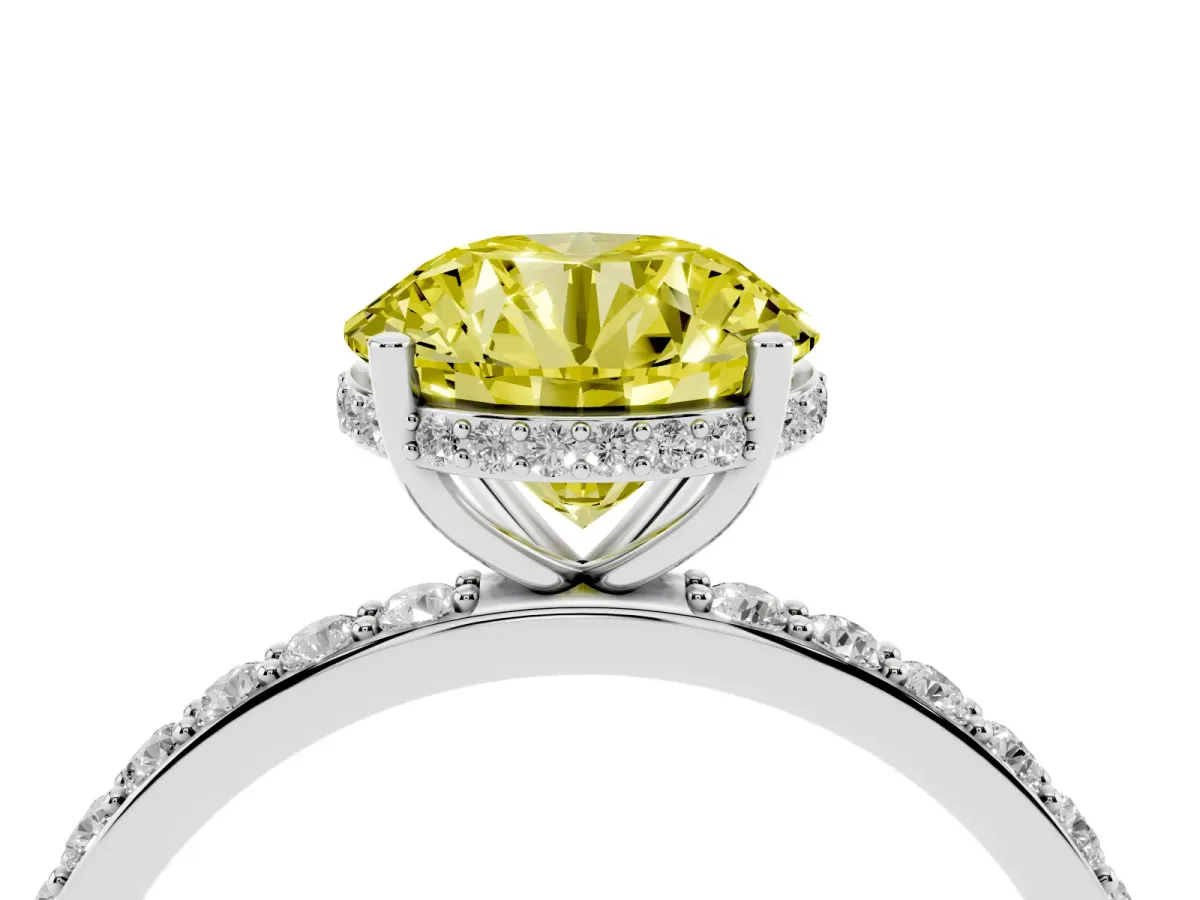 Fancy Yellow Round Cut Diamond Solitaire Ring with Pavé Band and Hidden Halo Silver