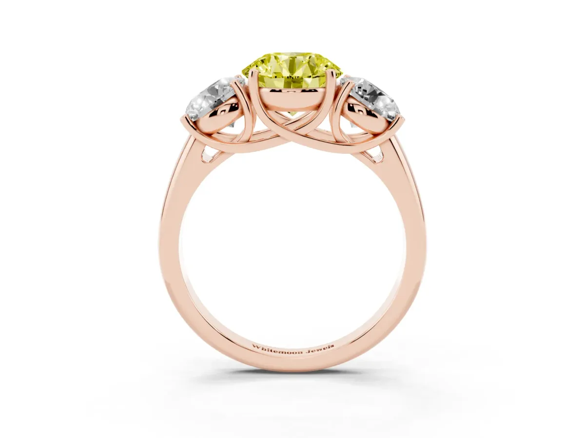 Fancy Yellow Three-Stone Round Cut Diamond Engagement Ring with Prong Setting Rose gold