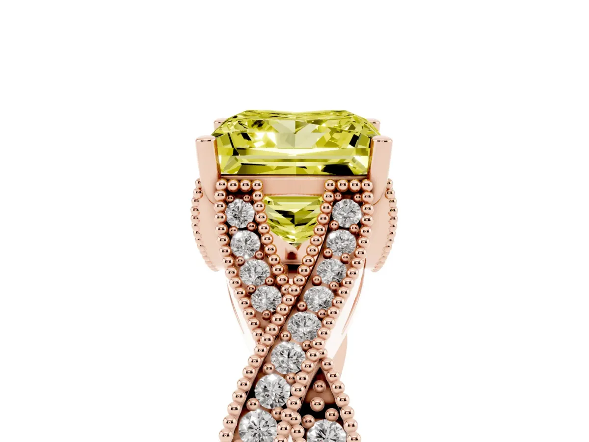Fancy Yellow Princess Cut Cut Diamond Twisted Band with Milgrain Pave Setting and Four-Prong Setting Rose gold