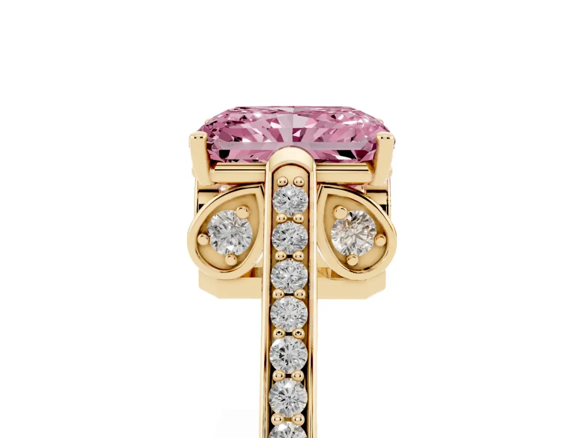 Fancy Pink Radiant Cut Cut Cathedral Pave Diamond Engagement Ring with Six-Prong Setting Yellow gold