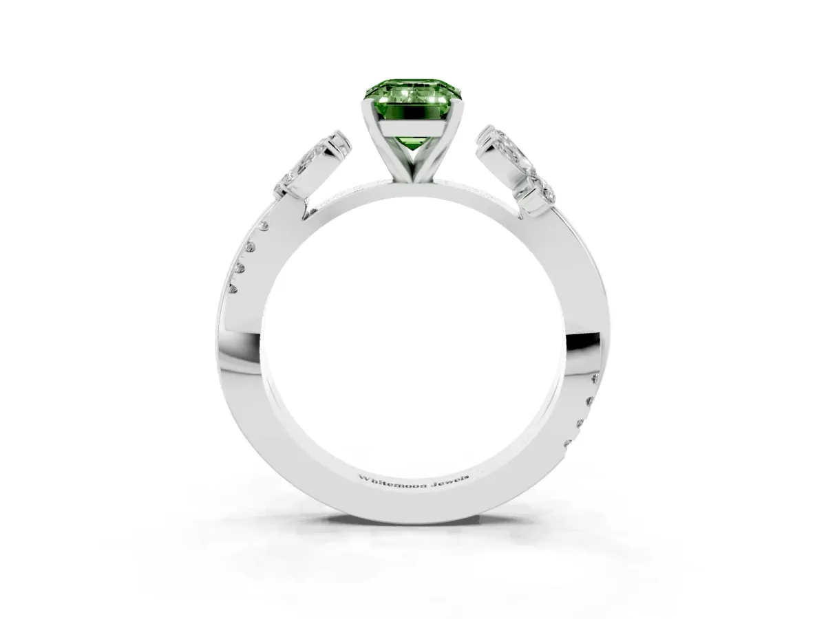 Fancy Green Emerald Cut Diamond Floral Vine Solitaire Engagement Ring Platinum