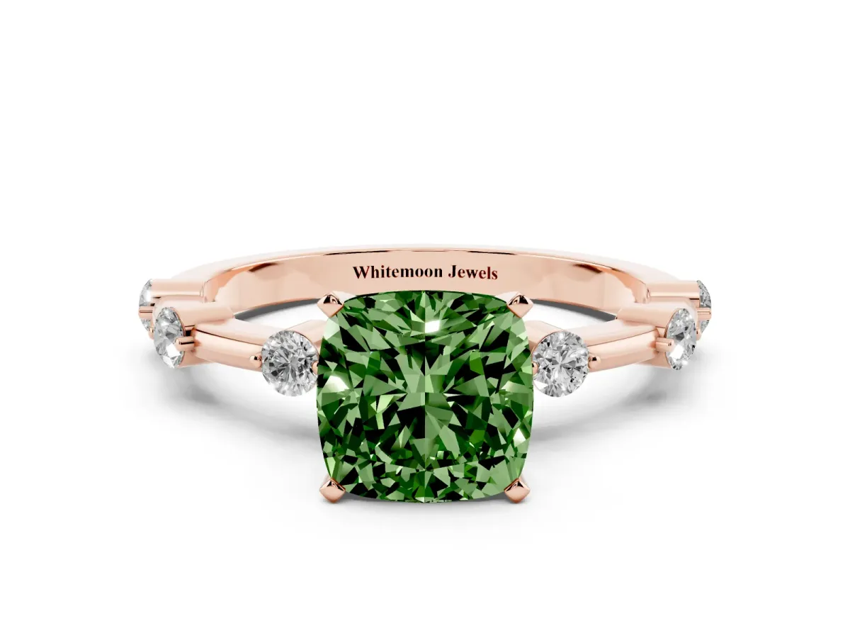 Fancy Green Cushion Cut Solitaire Diamond Ring with Bezel Set Side Stones and Prong Setting Rose gold