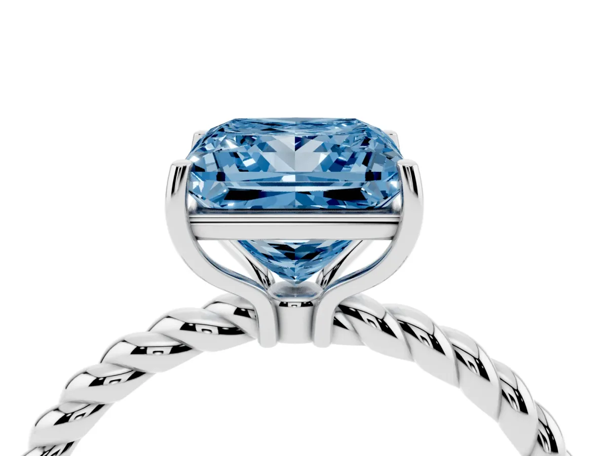 Fancy Blue Princess Cut Solitaire Twisted Band 4-Prong Ring Platinum