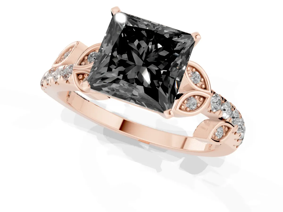 Fancy Black Princess Cut Solitaire Leaf-Inspired Diamond Ring with Pavé Band and Four-Prong Setting Rose gold
