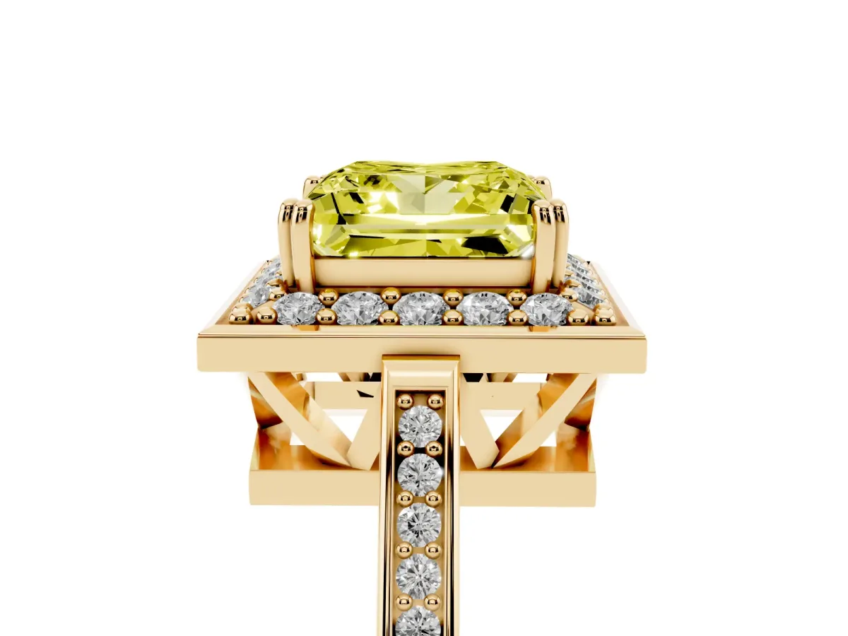 Fancy Yellow Princess Cut Diamond Halo Ring with Split Shank and Four-Prong Setting Yellow gold