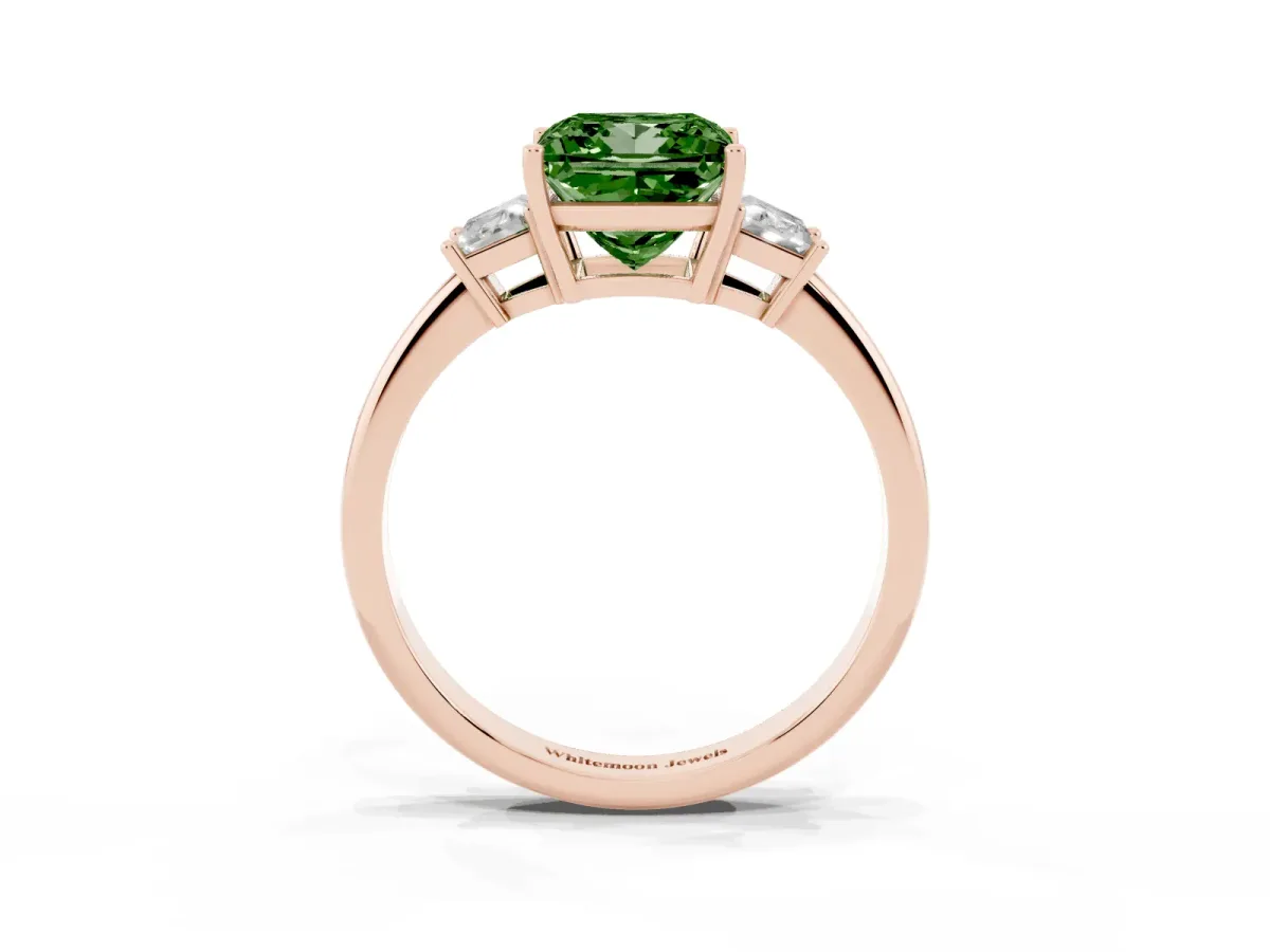 Fancy Green Princess Cut Diamond Three-Stone Ring with Trapezoid Side Stones and Prong Setting Rose gold