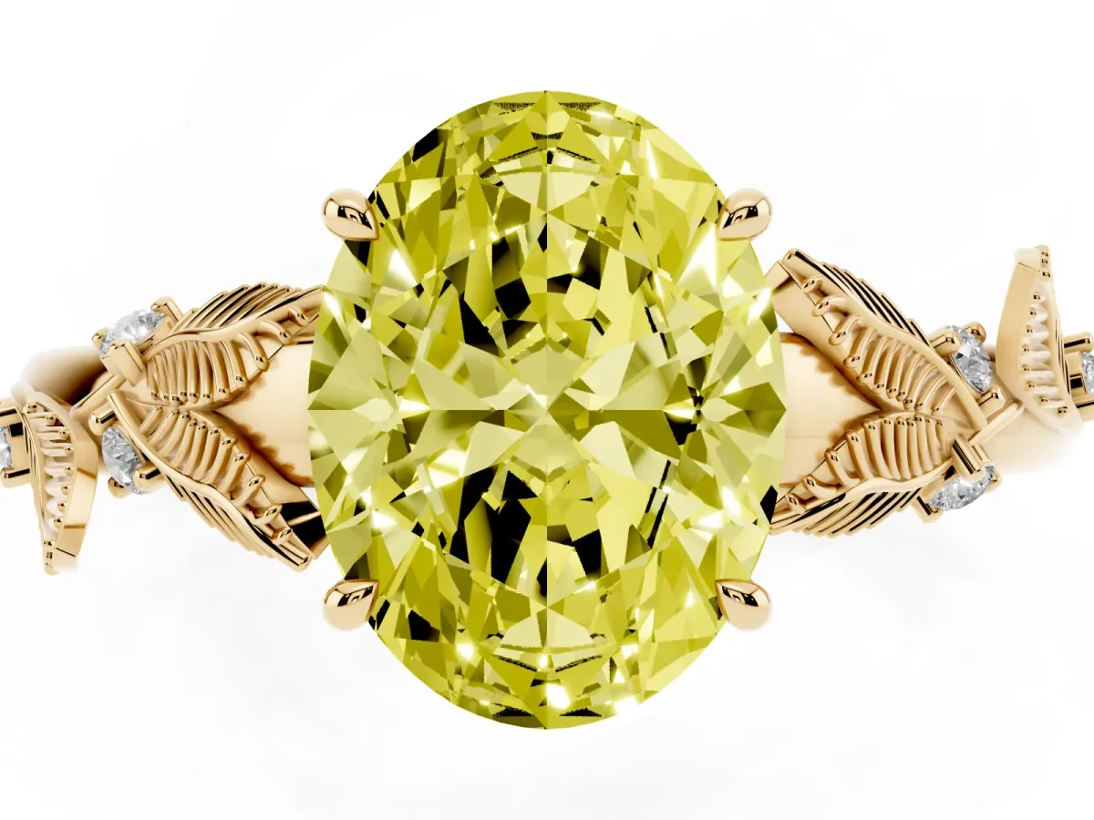 Fancy Yellow Oval Cut Diamond Solitaire Ring with Leaf Motif Band and Four-Prong Setting Yellow gold