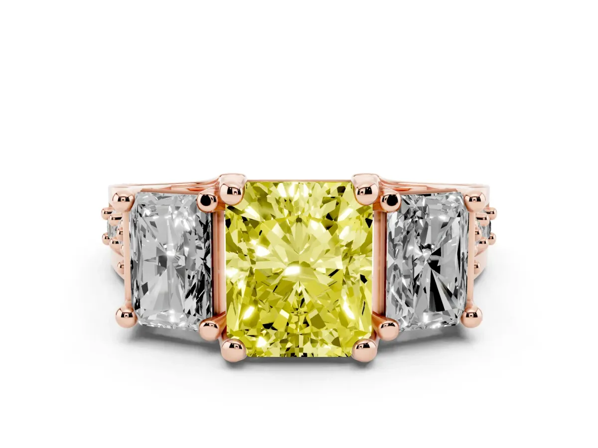 Fancy Yellow Radiant Cut Diamond Three-Stone Ring with Channel Set Band and Four-Prong Setting Rose gold