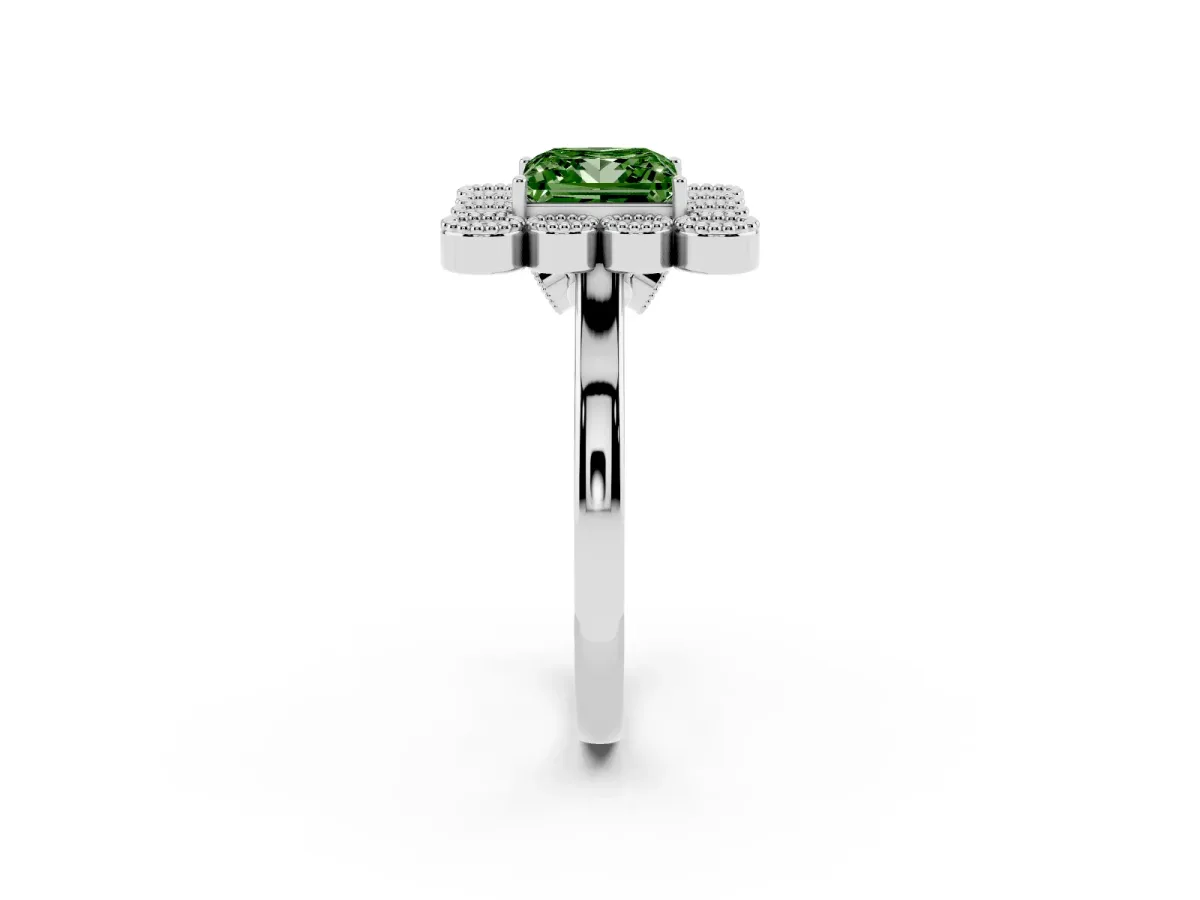 Fancy Green Princess Cut Halo Diamond Cluster Engagement Ring with Milgrain Bezel Setting and Solitaire Band White gold