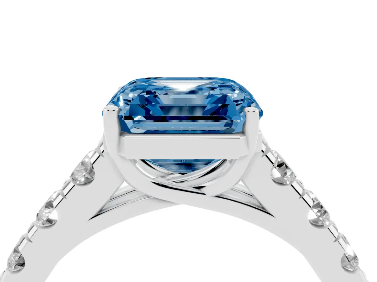 Fancy Blue Asscher Cut Cut Diamond Solitaire Ring with Micro Pave Band and Prong Setting Silver