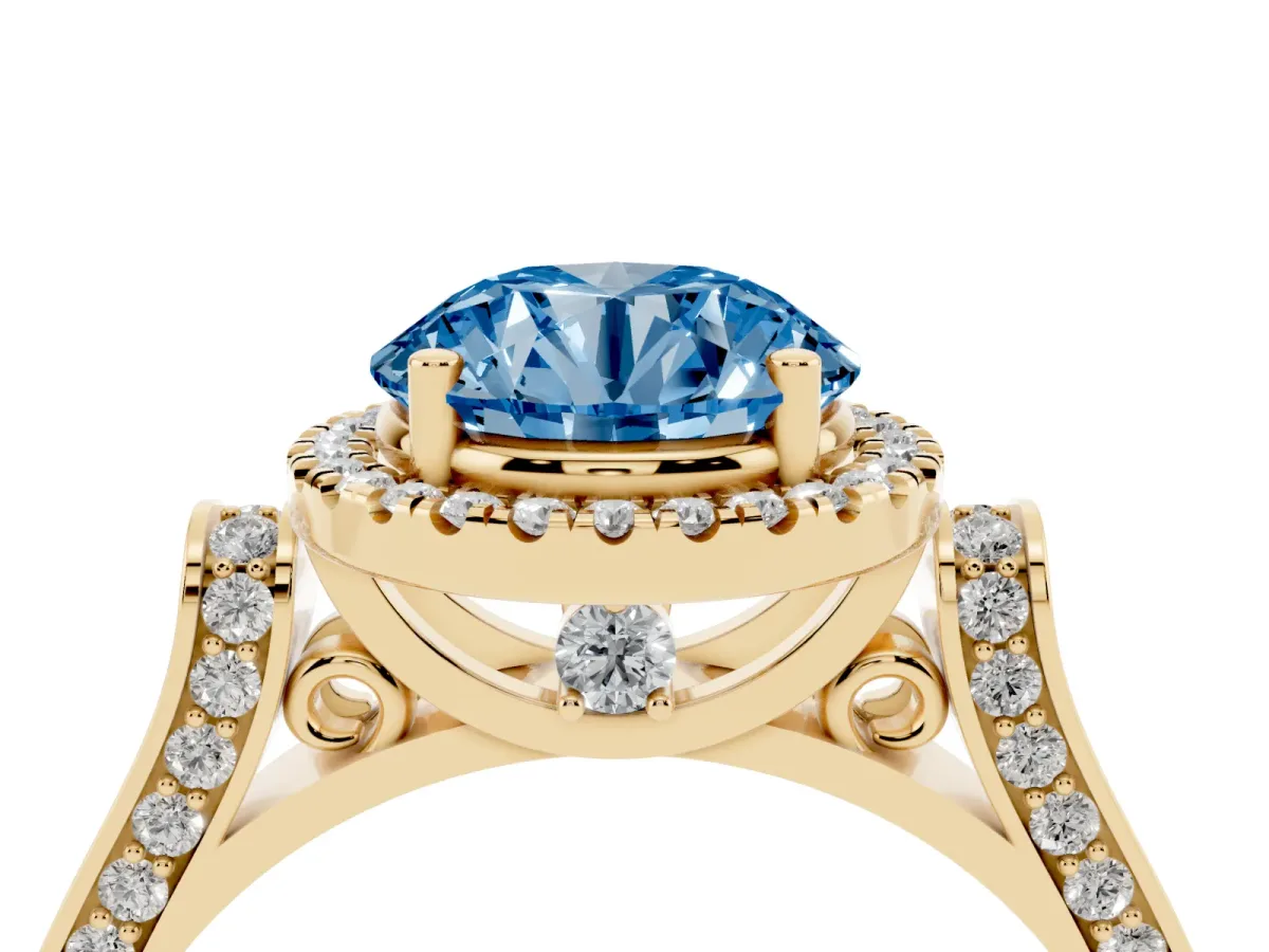 Fancy Blue Round Cut Halo Pave Split Shank Prong Setting Ring Yellow gold