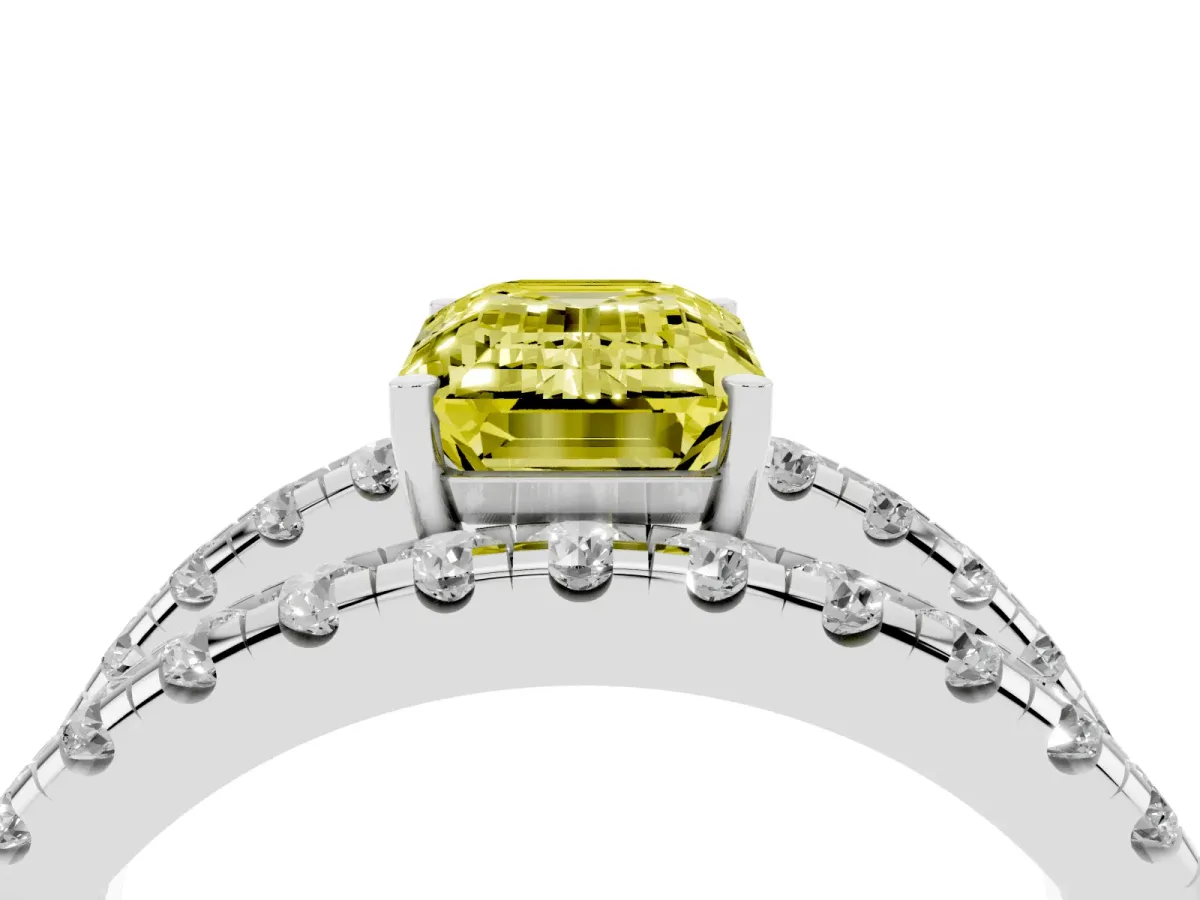 Fancy Yellow Emerald Cut Solitaire Split Shank Pave Diamond Ring Silver