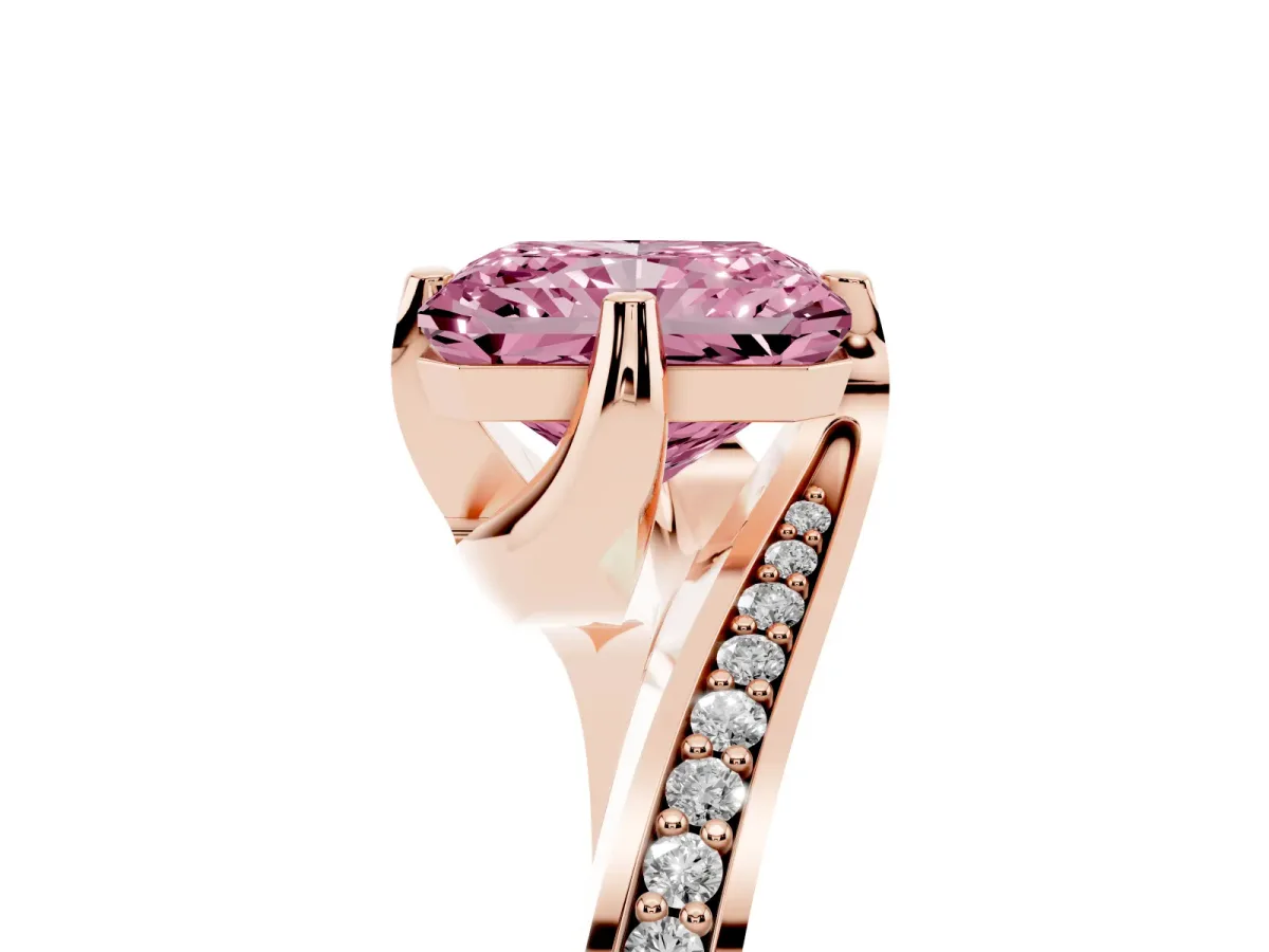Fancy Pink Radiant Cut Solitaire Diamond Twist Band with Pavé Setting and Four-Prong Setting Rose gold