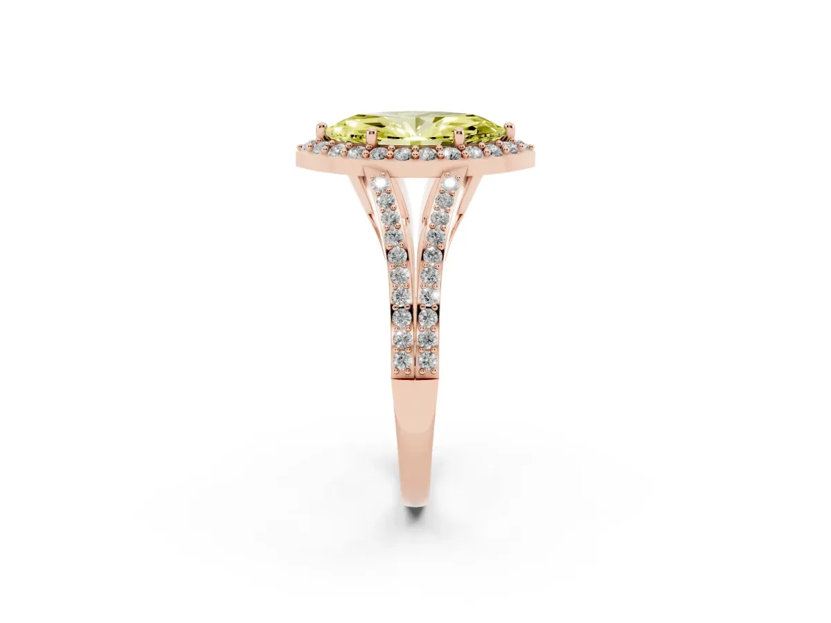 Fancy Yellow Marquise Cut Halo Split Shank Pave Diamond Ring with Four-Prong Setting Rose gold