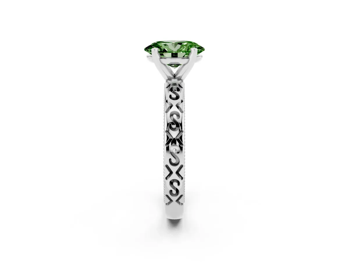 Fancy Green Oval Cut Solitaire Engagement Ring with Scrollwork Band and Four-Prong Setting White gold