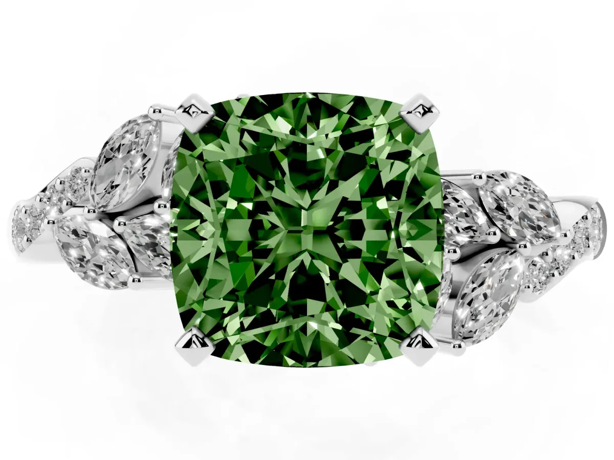 Fancy Green Cushion Cut Solitaire Marquise Twist Band with Six-Prong Setting Silver