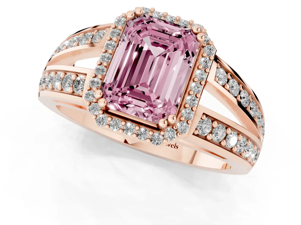 Fancy Pink Emerald Cut Diamond Halo Ring with Split Shank Pavé Band and Four-Prong Setting Rose gold