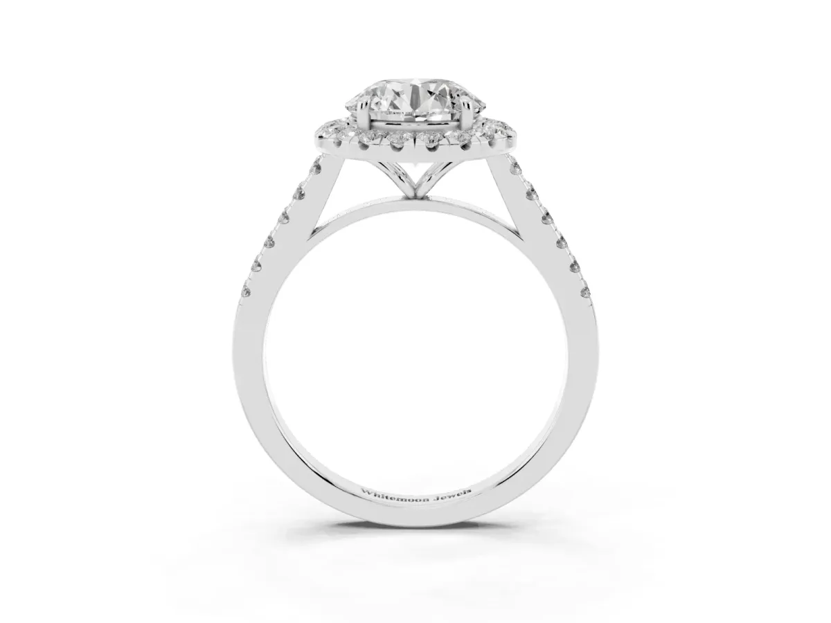 Round Cut Halo Pave Diamond Engagement Ring with Four-Prong Setting Silver