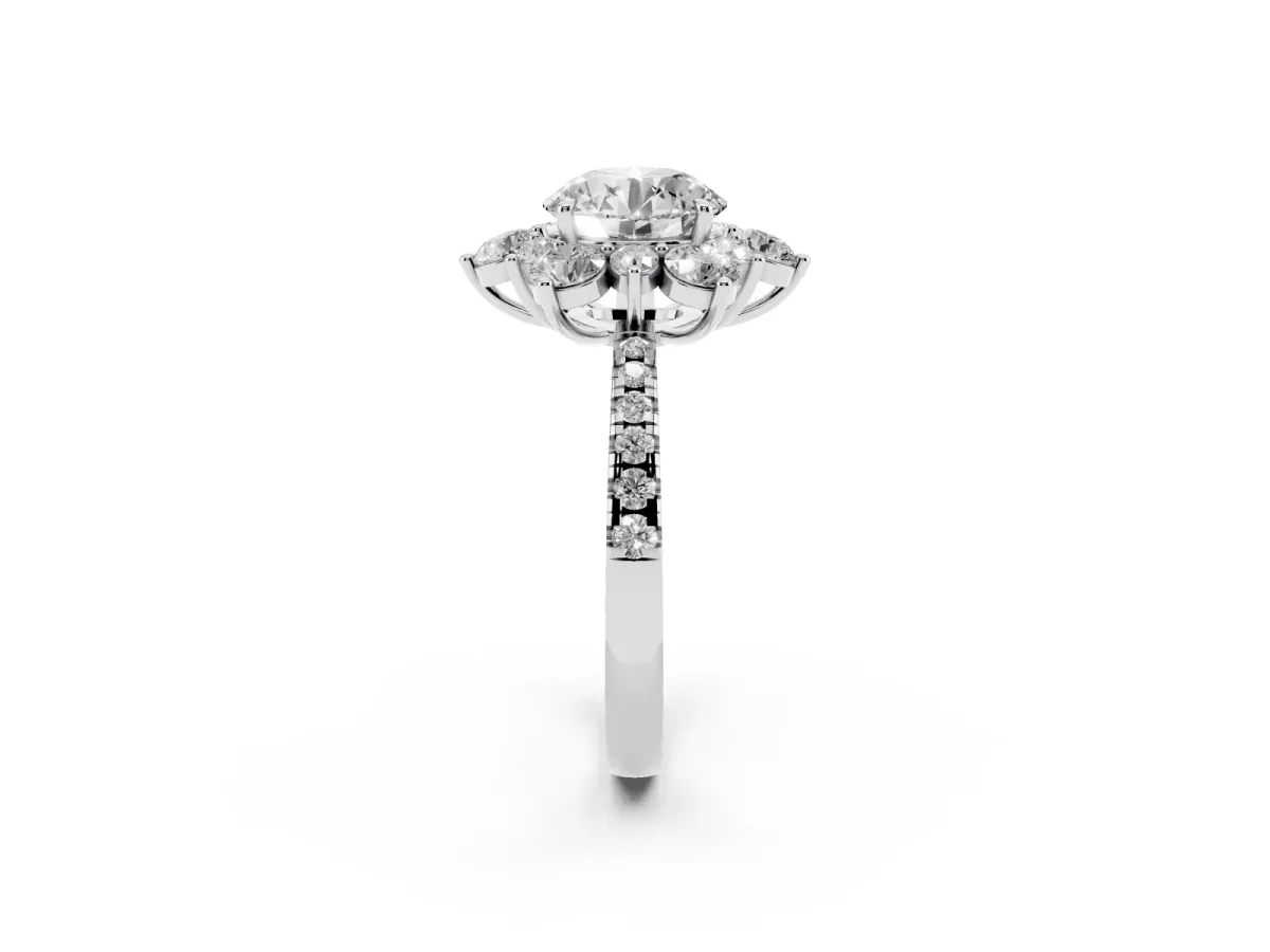 Round Cut Diamond Floral Halo Ring with Round Pavé Band and Prong Setting White gold