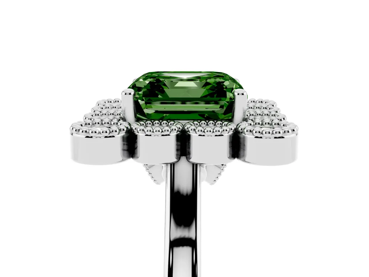 Fancy Green Asscher Cut Halo Diamond Cluster Engagement Ring with Milgrain Bezel Setting and Solitaire Band Silver