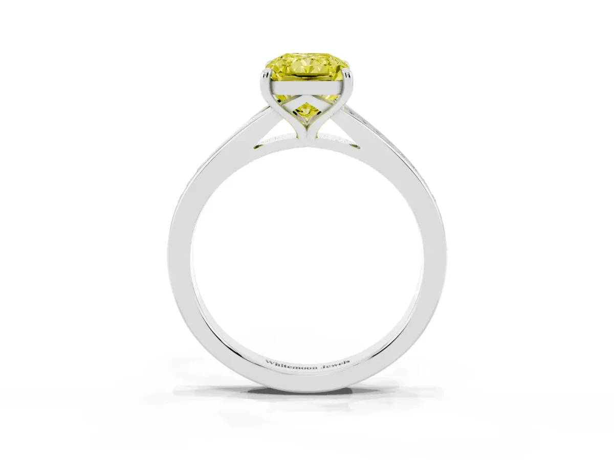 Fancy Yellow Radiant Cut Diamond Solitaire Ring with Pavé Band and Prong Setting Silver