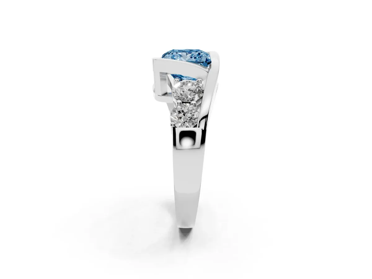 Fancy Blue Bezel Set Princess Cut Diamond Bypass Ring with Round Accents Platinum