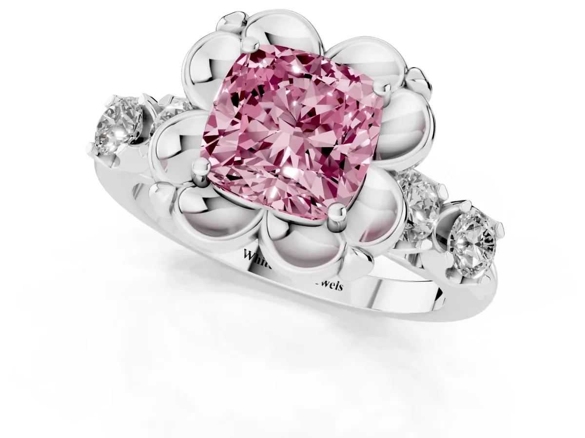 Fancy Pink Cushion Cut Cut Diamond Floral Halo Engagement Ring with Shared Prong Setting Silver