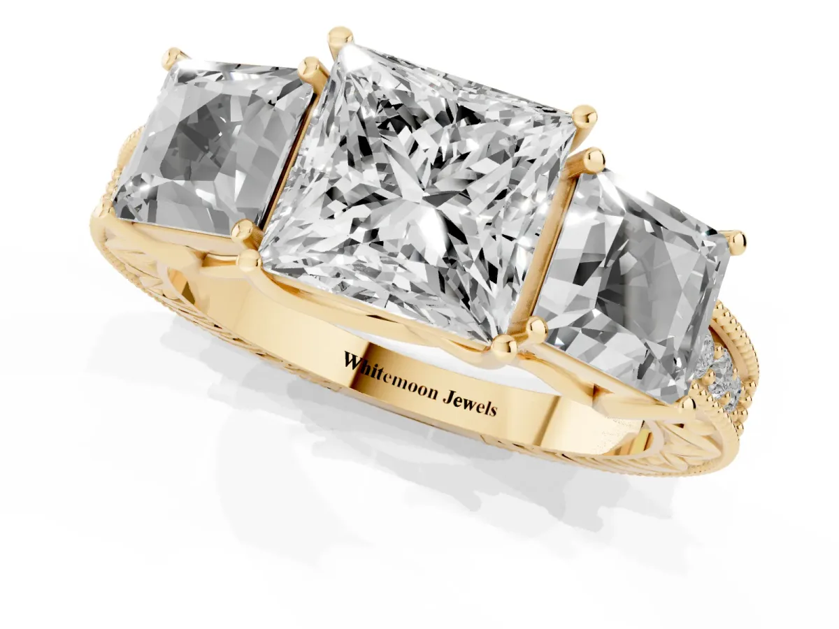 Three-Stone Princess Cut Cut Milgrain Pavé Engagement Ring Yellow gold