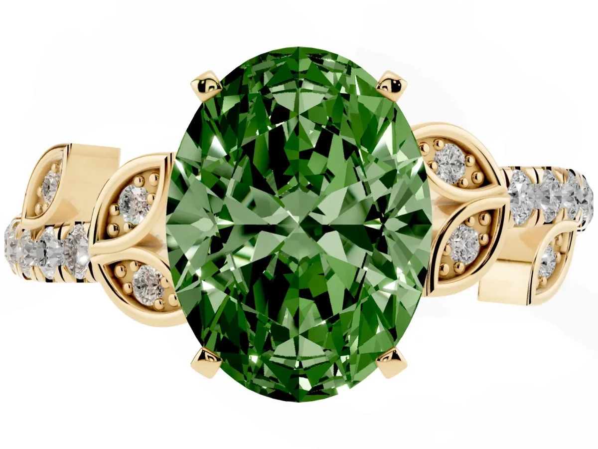 Fancy Green Oval Cut Solitaire Leaf-Inspired Diamond Ring with Pavé Band and Four-Prong Setting Yellow gold