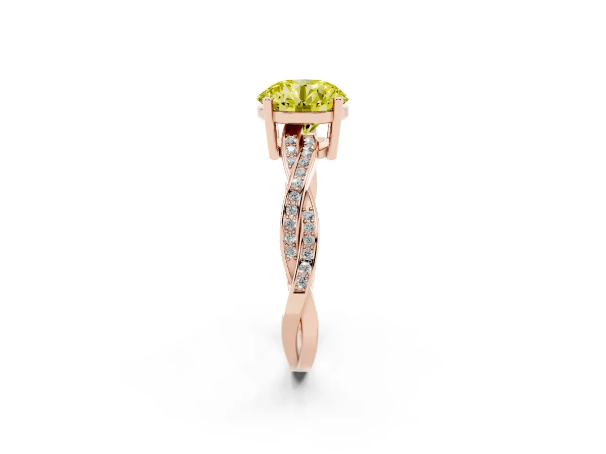 Fancy Yellow Round Cut Solitaire Twisted Pave Diamond Ring with Four-Prong Setting Rose gold