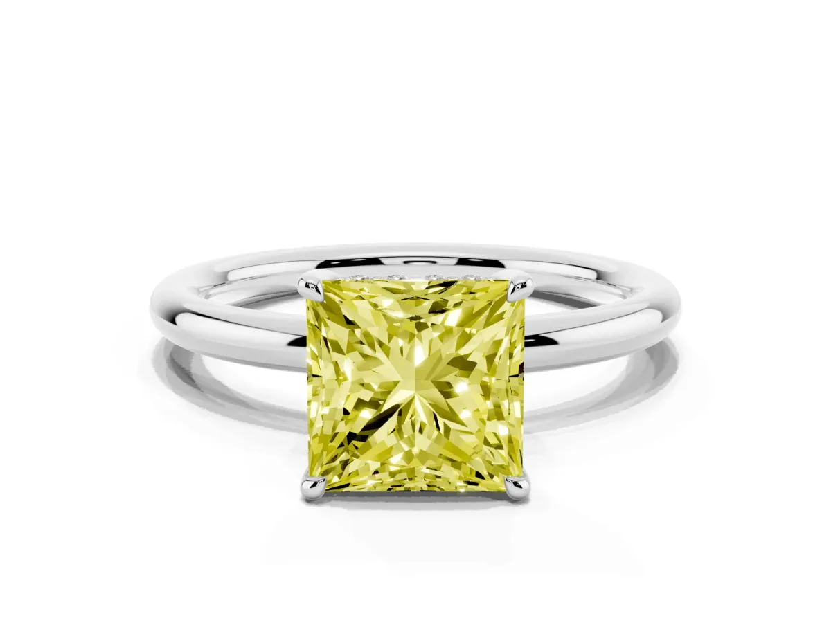 Fancy Yellow Princess Cut Diamond Solitaire Ring with Thin Band and Four-Prong Setting Platinum
