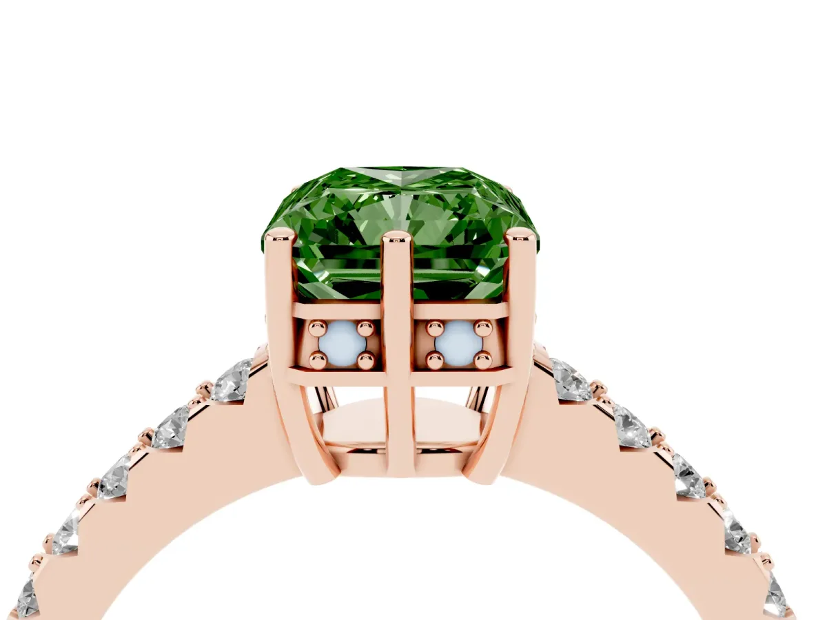 Fancy Green Radiant Cut Solitaire Diamond Engagement Ring with Pavé Band and Six-Prong Setting Rose gold